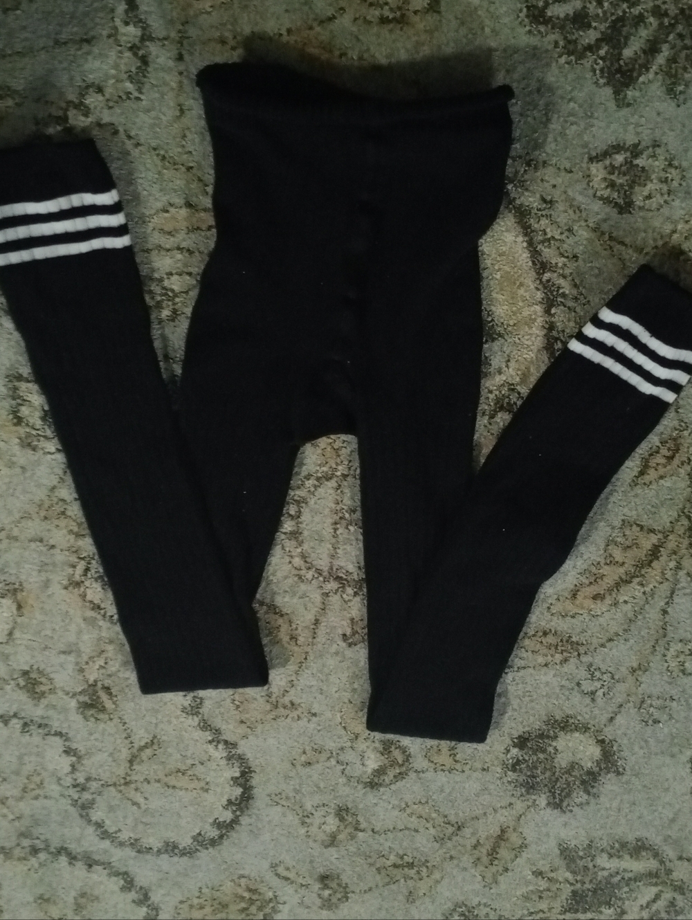 Black Ribbed Leggings with White Stripe Knee Detail